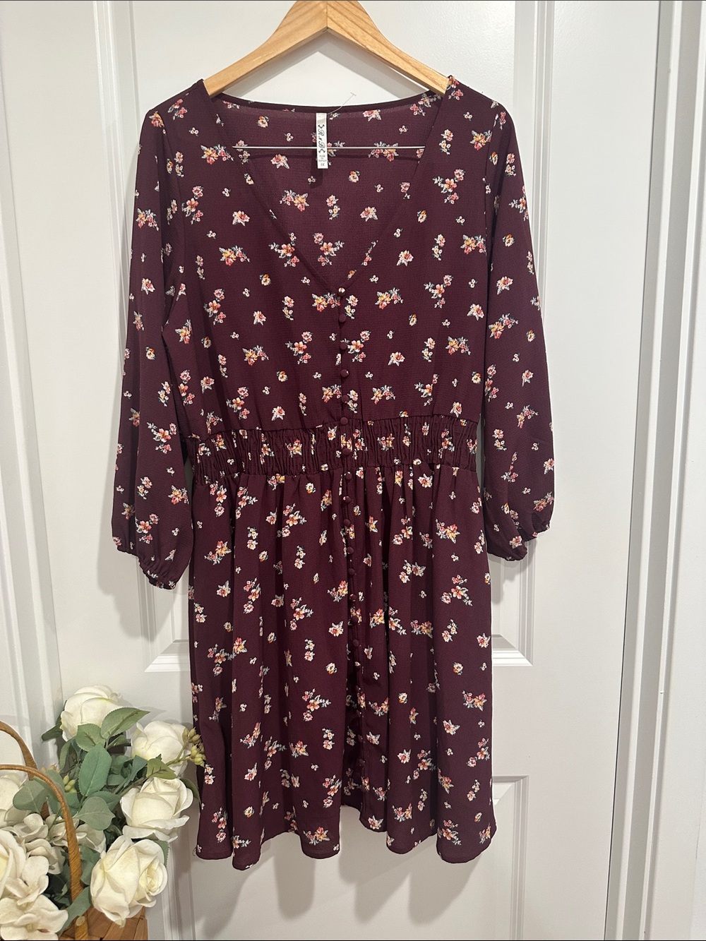 Floral Smocked Waist Long Sleeve Dress - Burgundy